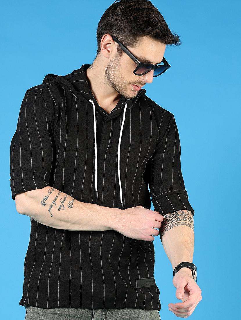 men striped long sleeve hooded t-shirt