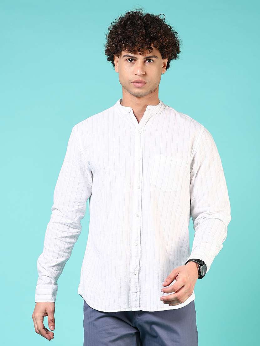 women striped mandarin neck casual shirt