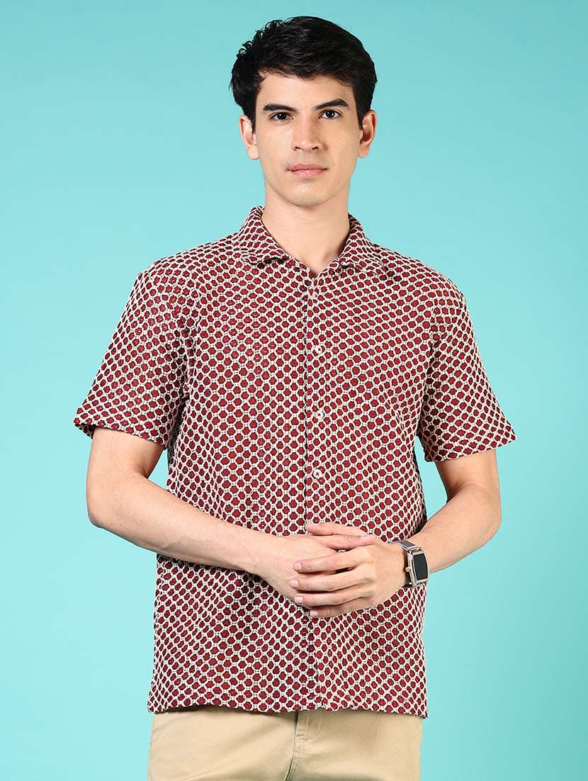 men self design short sleeve regular fit casual shirt