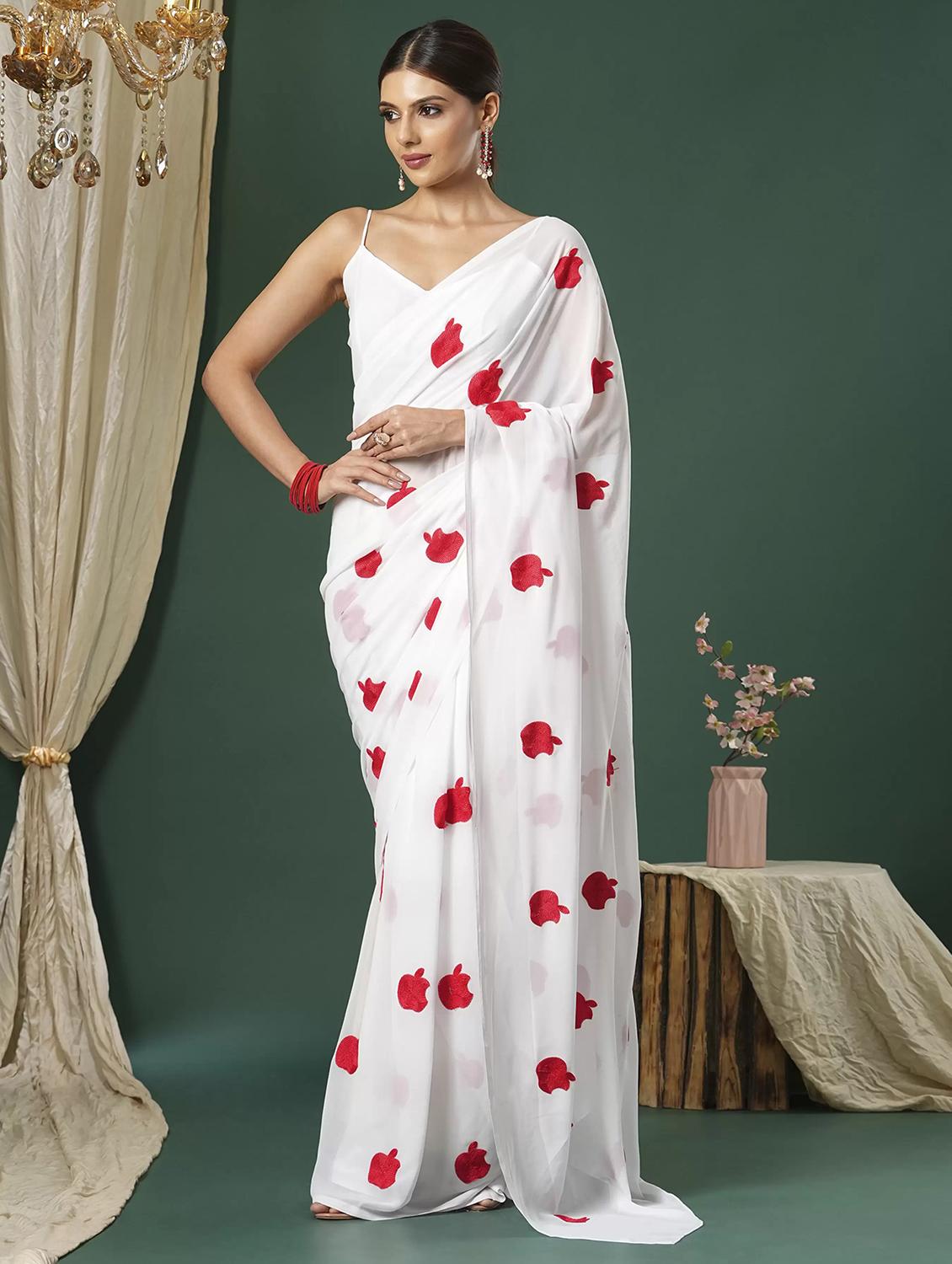 women white embroidered saree with blouse - 21766134 -  Zoom Image - 0