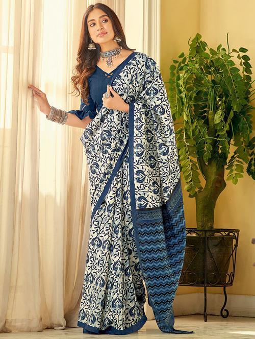 women blue printed saree with blouse - 21766136 -  Standard Image - 0