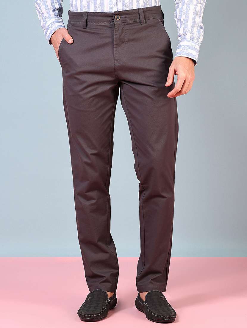 men mid rise solid flat front casual trouser