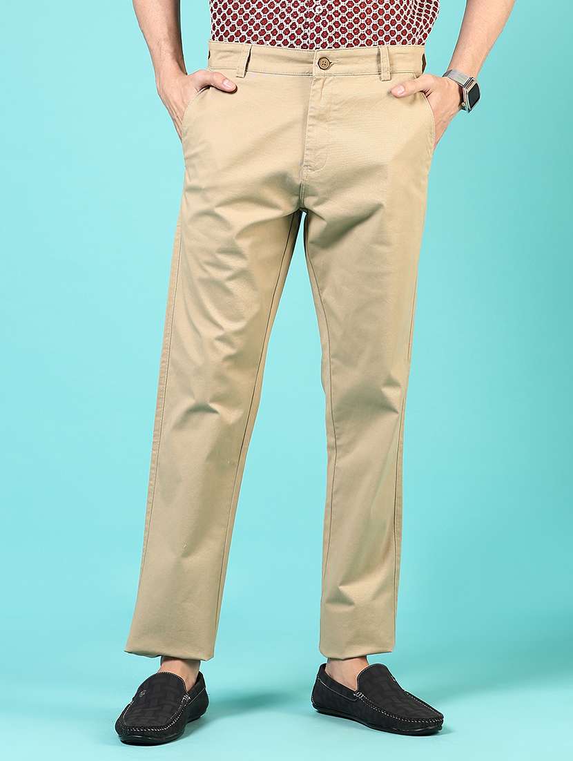 men mid rise solid flat front casual trouser