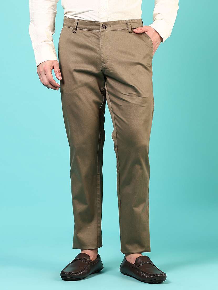 men mid rise solid flat front casual trouser