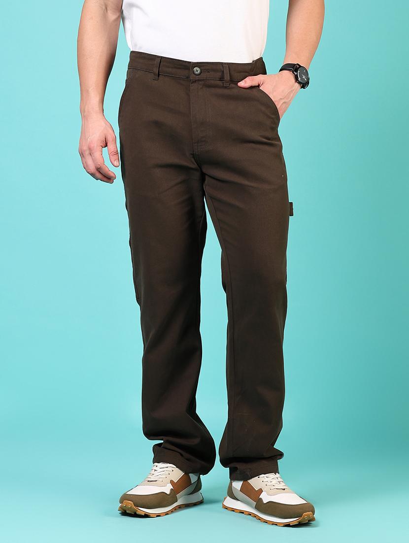 men mid rise solid flat front casual trouser