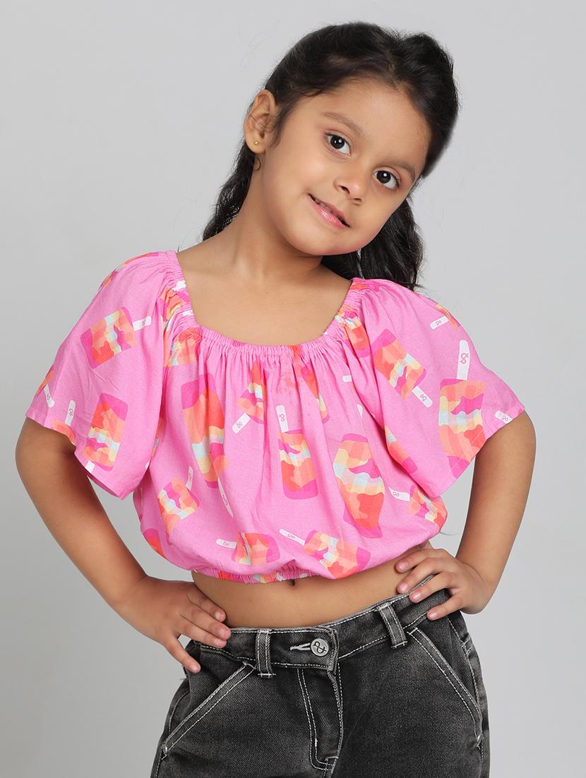 girls pink printed short sleeve top