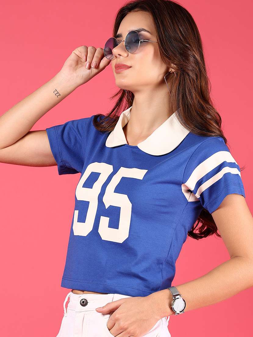 women blue short sleeve crop polo t-shirt