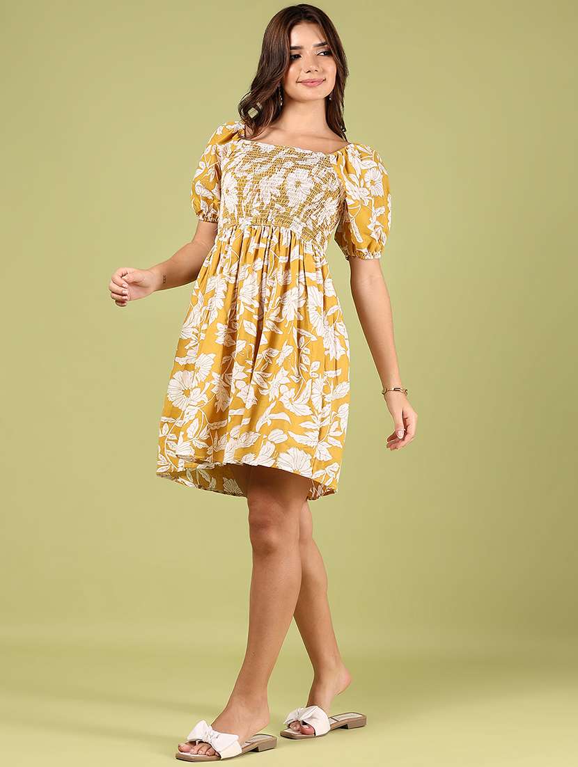 women mustard floral printed puff sleeve dress - 21766475 - Standard Image - 2
