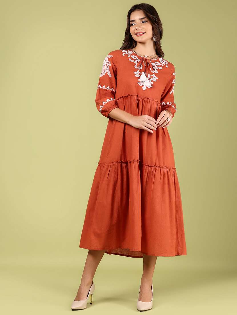 women embroidered tie-up neck tiered dress