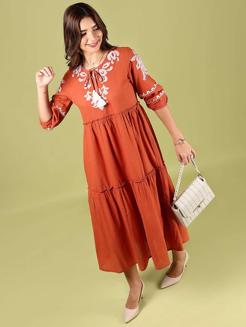 Women Embroidered Tie Up Neck Tiered Dress