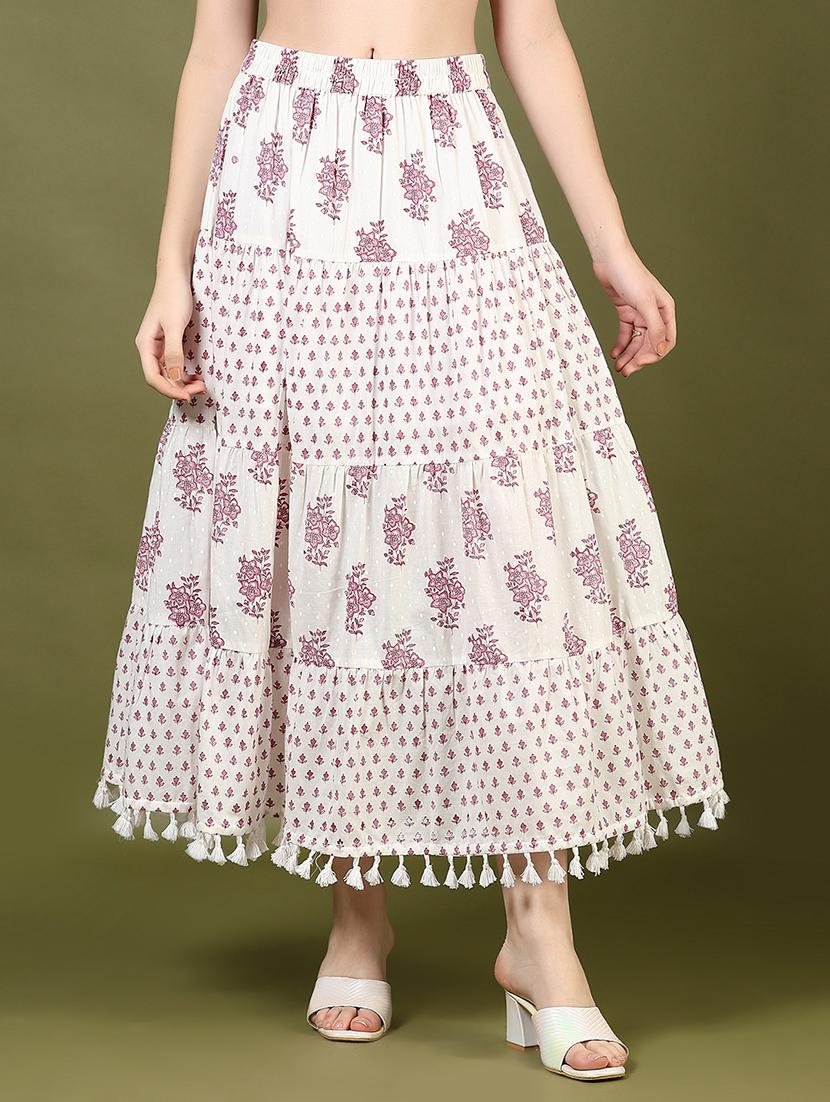 women off white prinred mid rise tiered skirt - 21766490 - Zoom Image - 0