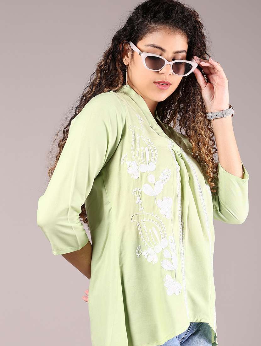 women embroidered v-neck high low top