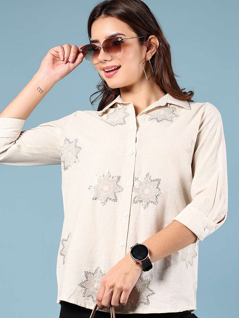 women off white embellished collared shirt - 21766528 -  Zoom Image - 0