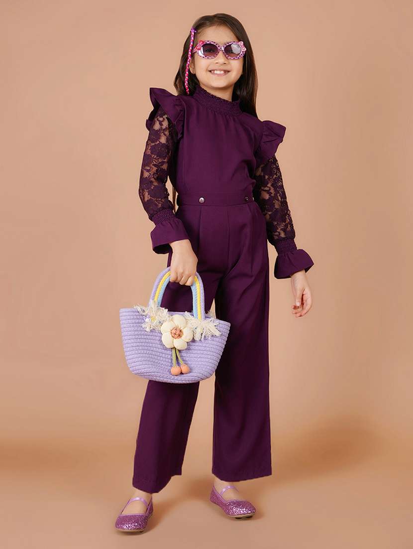girls lace detailed bell sleeves full length jumpsuit 