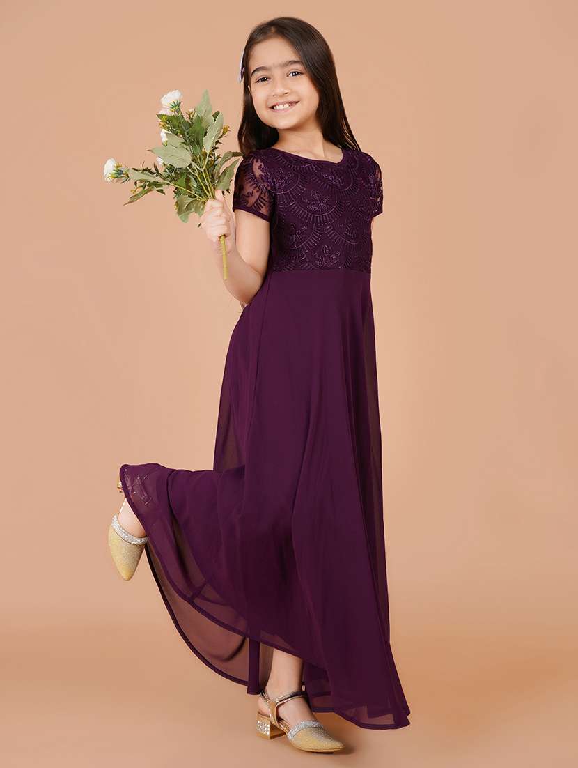 women purple round neck fit & flare maxi dress