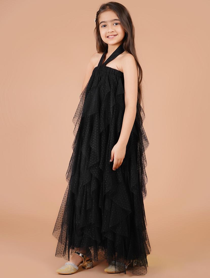 girls black self design halter neck ruffle dress - 21766669 - Standard Image - 2
