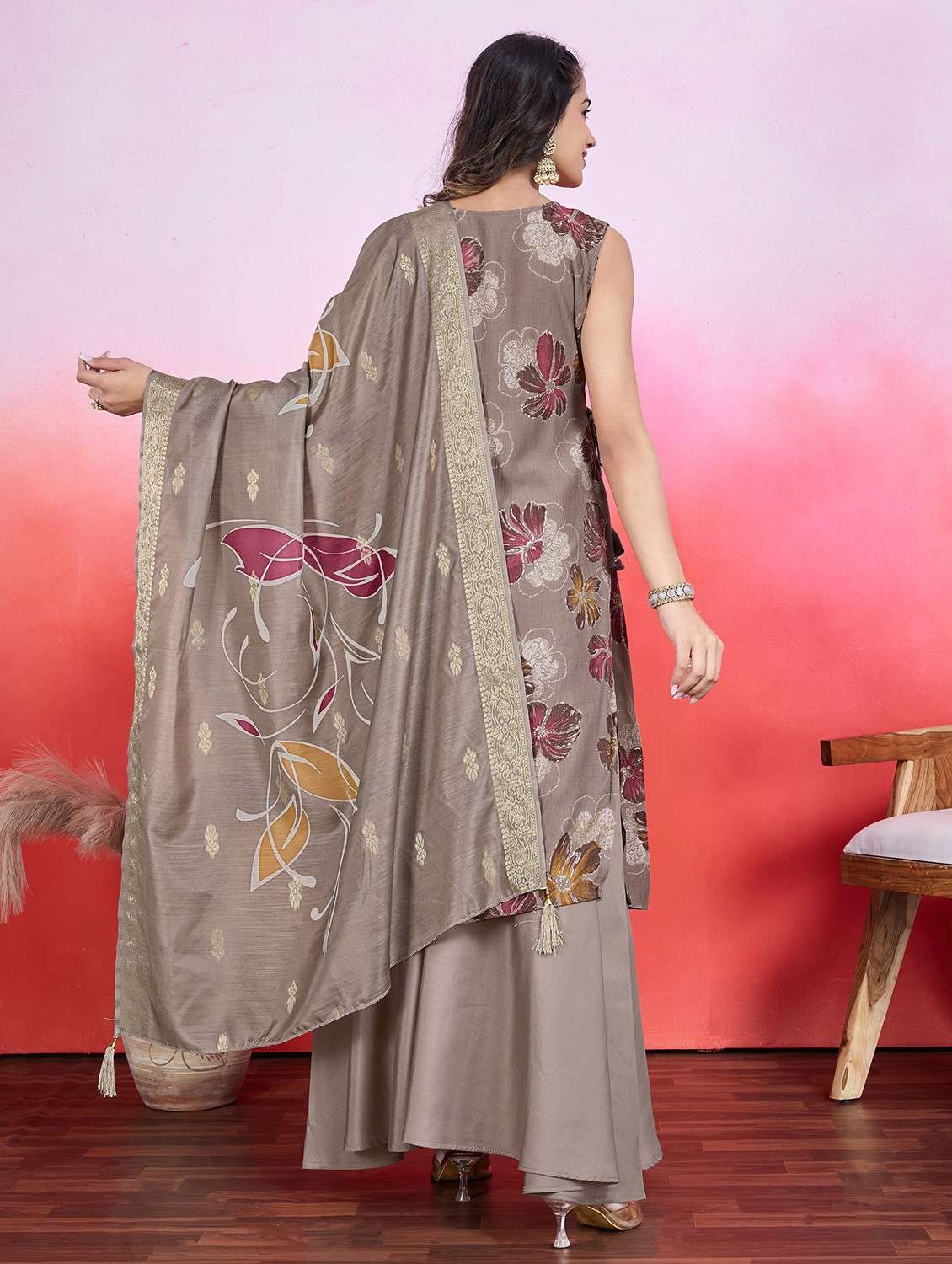 women brown sleeveless kurta palazzo with dupatta set - 21766918 - Standard Image - 2
