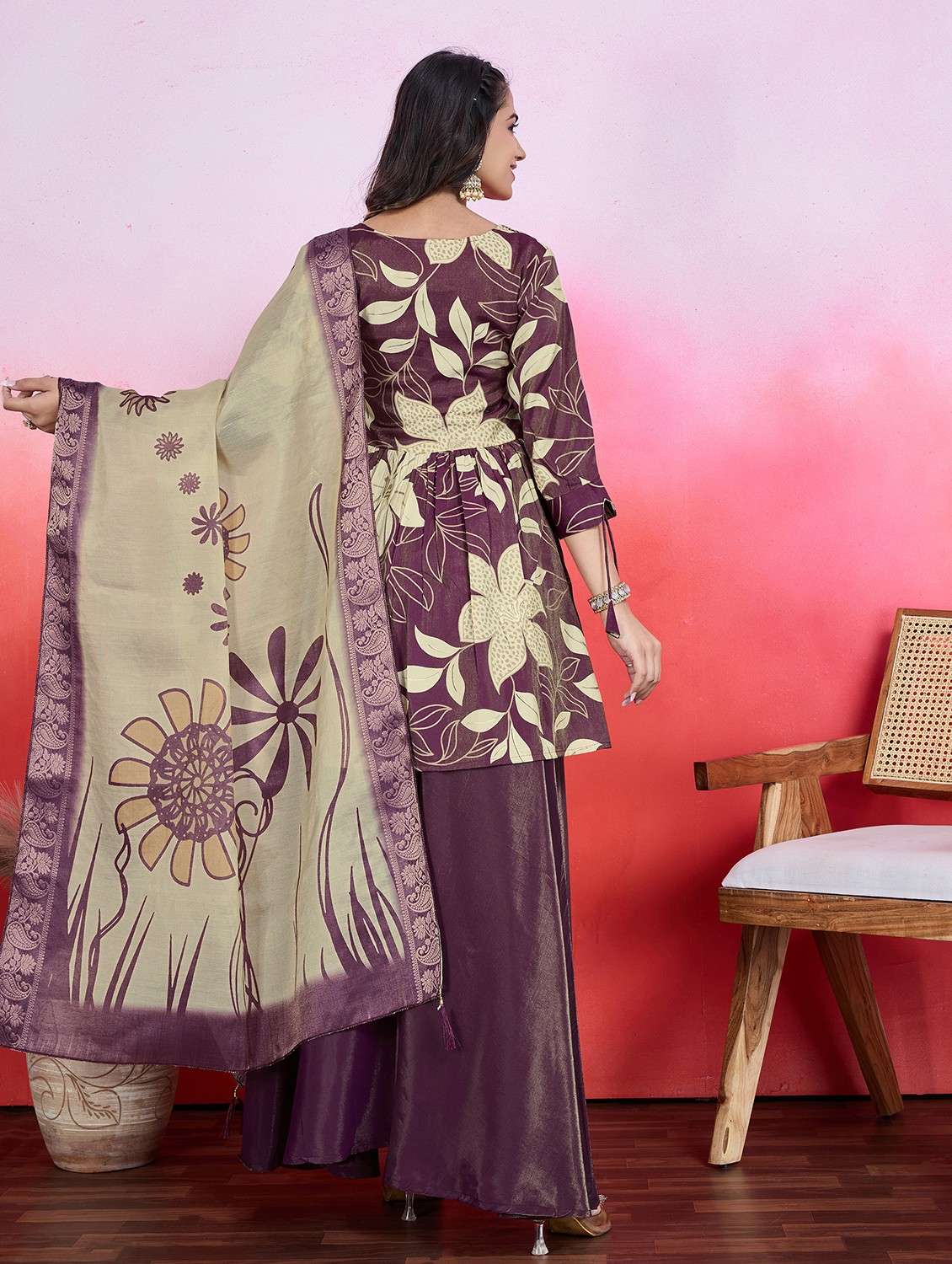 women three quarter sleeve kurta palazzo with dupatta set - 21766920 - Standard Image - 2