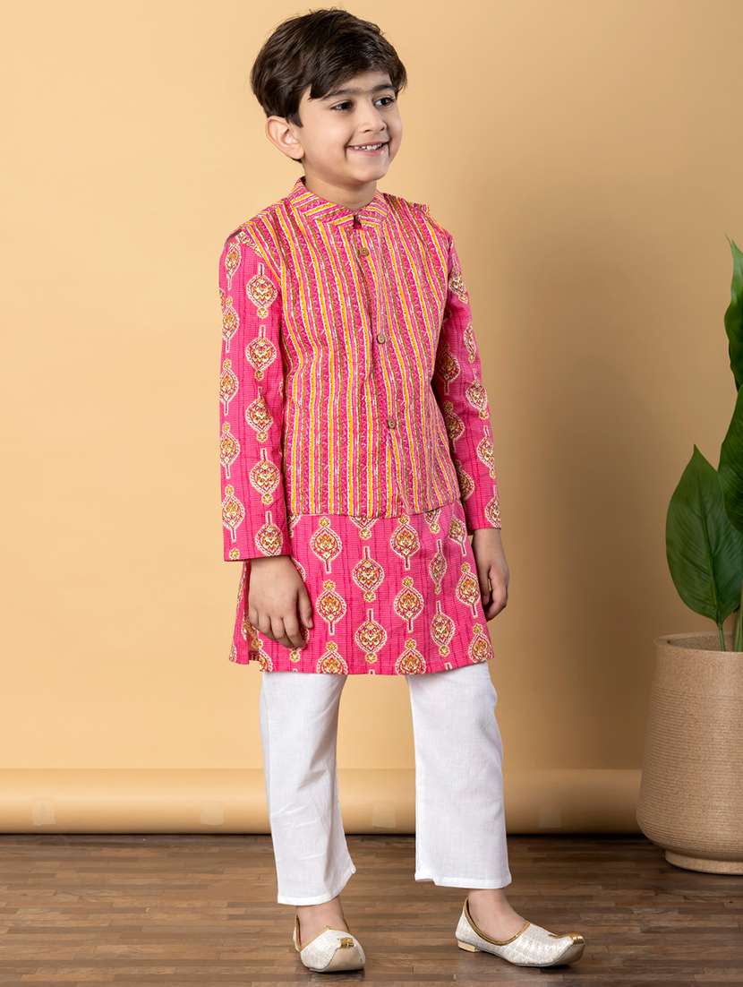 boys printed long sleeves kurta pyjama with jacket set - 21766946 -  Standard Image - 2