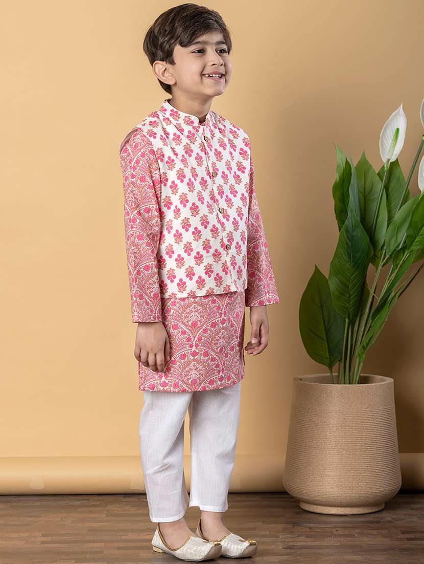 boys printed long sleeves kurta pyjama with jacket set - 21766949 -  Standard Image - 2