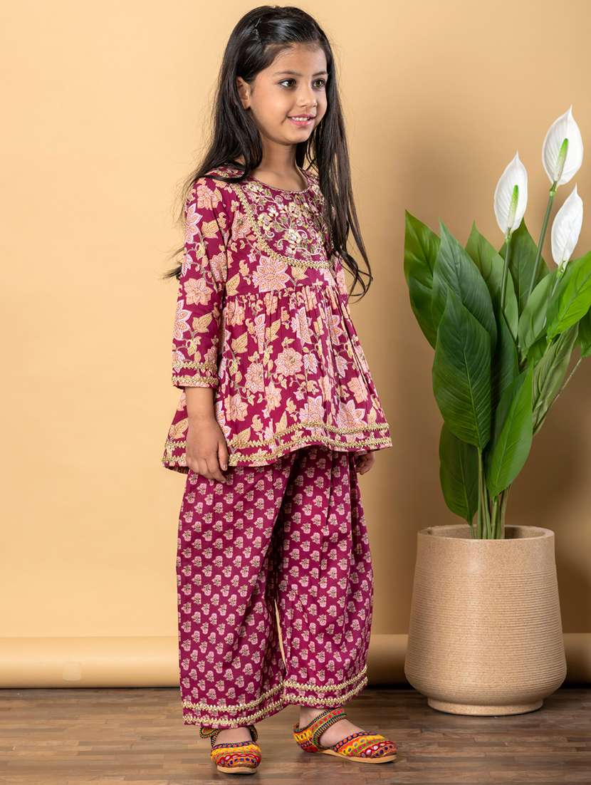 girls three quarter sleeve kurta palazzo set - 21766980 -  Standard Image - 2