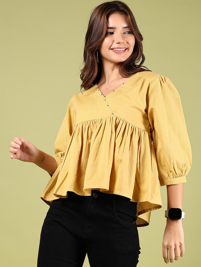 women solid puff sleeves peplum top - 21767028 - Zoom Image - 0
