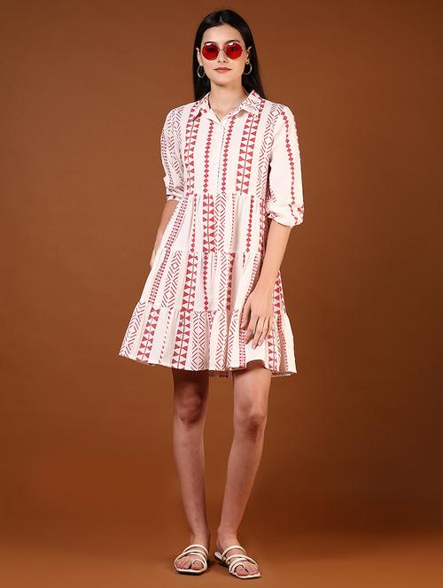 women white printed three quarter sleeve tiered dress - 21767037 -  Standard Image - 0