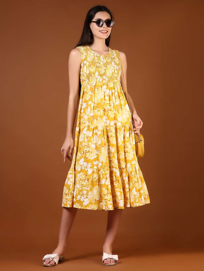 women floral printed sleeveless tiered dress