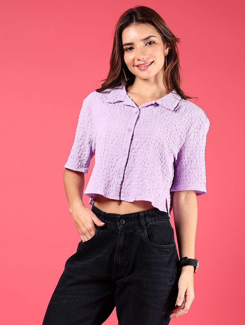 women textured collared crop boxy fit shirt - 21767058 -  Standard Image - 2
