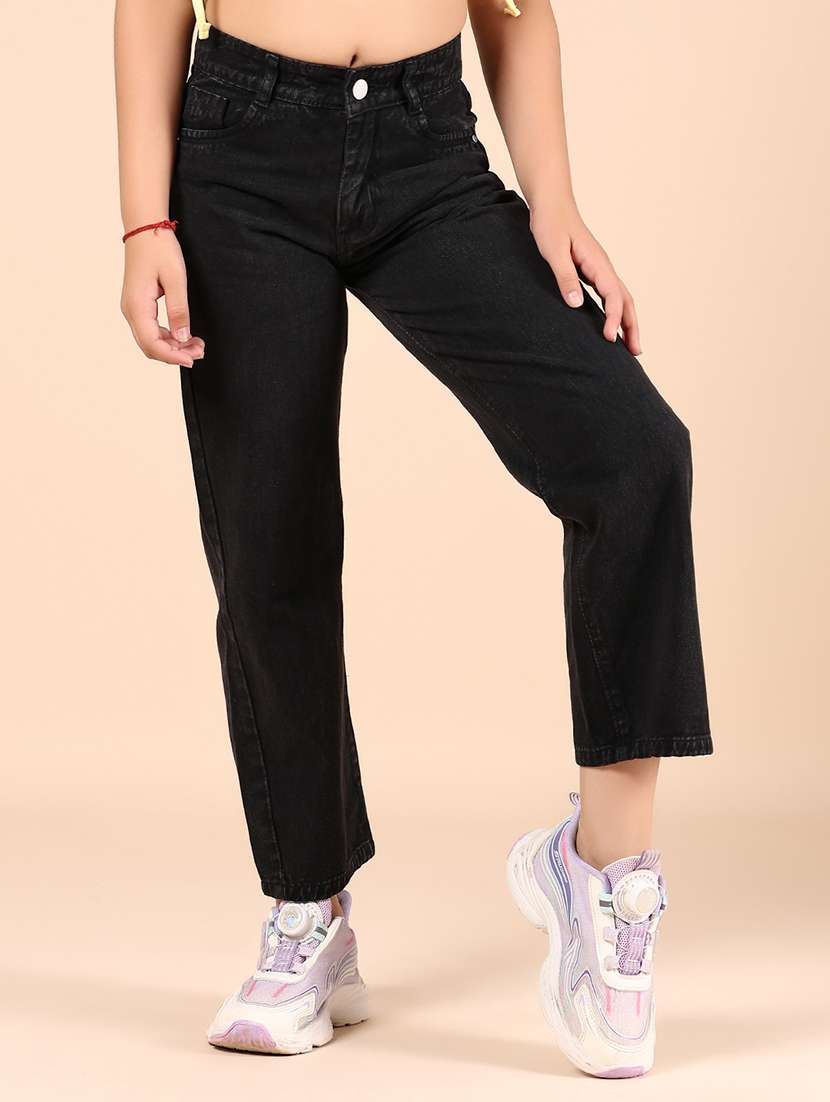 girls black solid mid rise straight fit jean