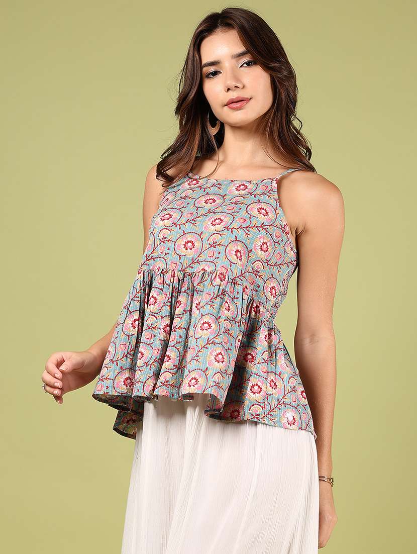 women floral printed shoulder strap peplum top - 21767095 -  Standard Image - 2