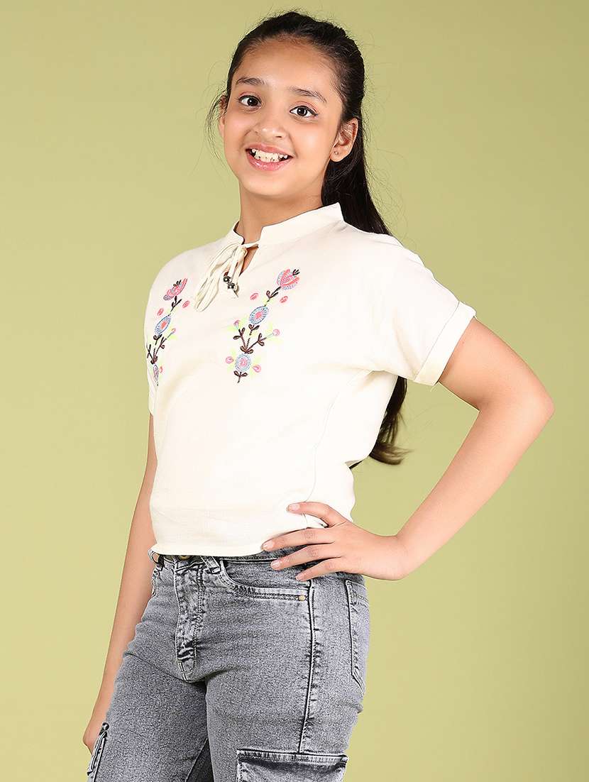 girls solid with work tie up neck top - 21767186 - Standard Image - 2