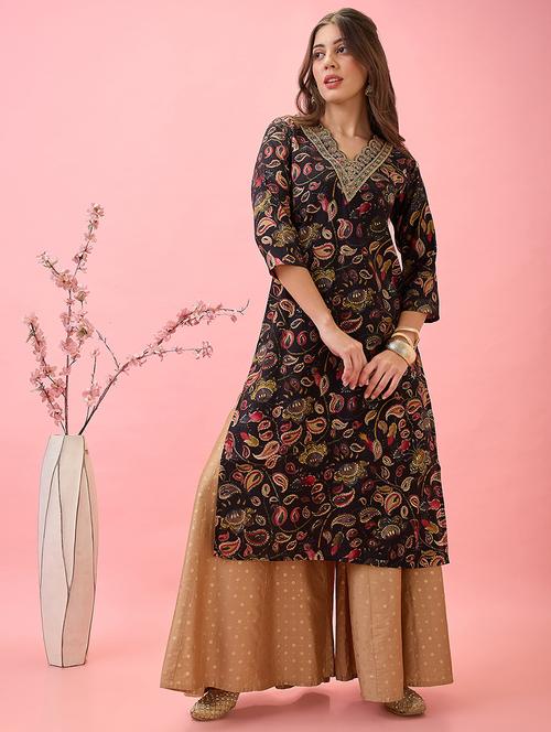 globus women black scalloped embroidered v-neck gold foil paisley print chanderi festive kurta - 21767486 -  Standard Image - 0