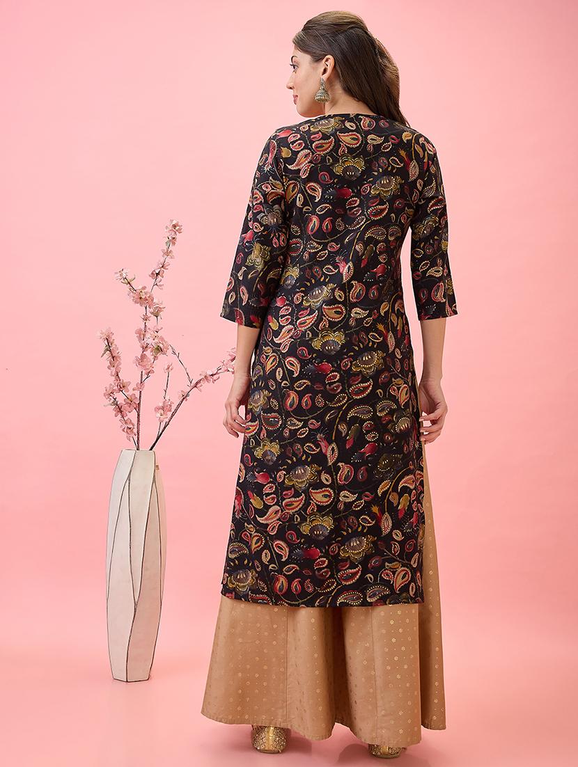 globus women black scalloped embroidered v-neck gold foil paisley print chanderi festive kurta - 21767486 - Standard Image - 2