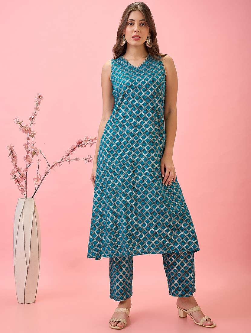 globus women teal thread work detail v-neck a-line workwear kurta & pants set