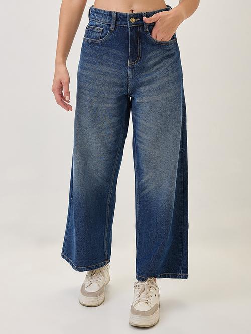 globus women dark blue cotton whiskers effect mid-rise wide leg denim jeans - 21767494 -  Standard Image - 0