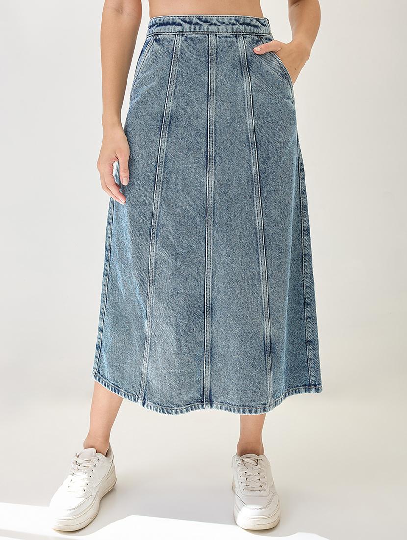 globus women light blue midi rise panelled a-line midi denim skirt - 21767500 - Zoom Image - 0