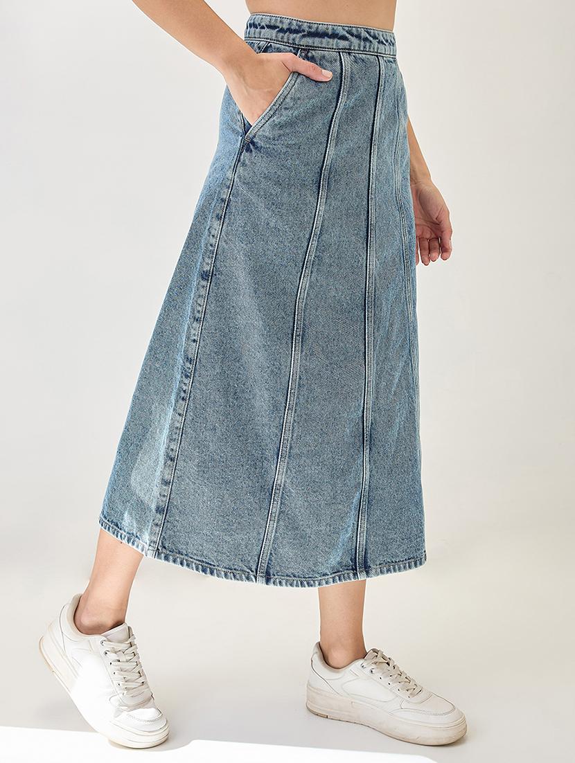 globus women light blue midi rise panelled a-line midi denim skirt - 21767500 - Standard Image - 2