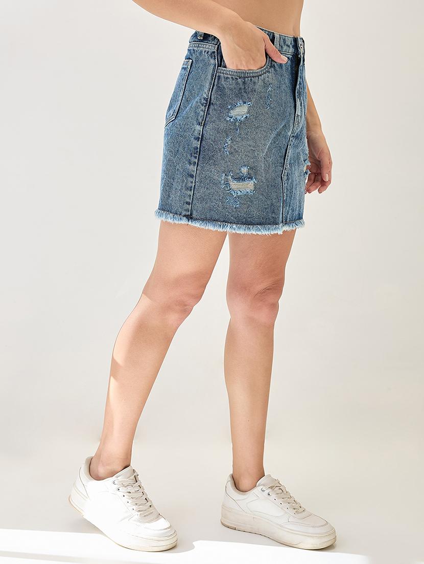 globus women med blue mid rise distressed & frayed hem mini denim skirt - 21767502 - Standard Image - 2