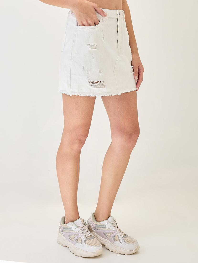 globus women white mid rise distressed & frayed hem mini denim skirt - 21767503 - Standard Image - 2