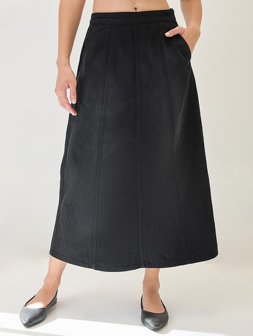 globus women black mid rise panelled a-line midi denim skirt - 21767504 - Zoom Image - 0