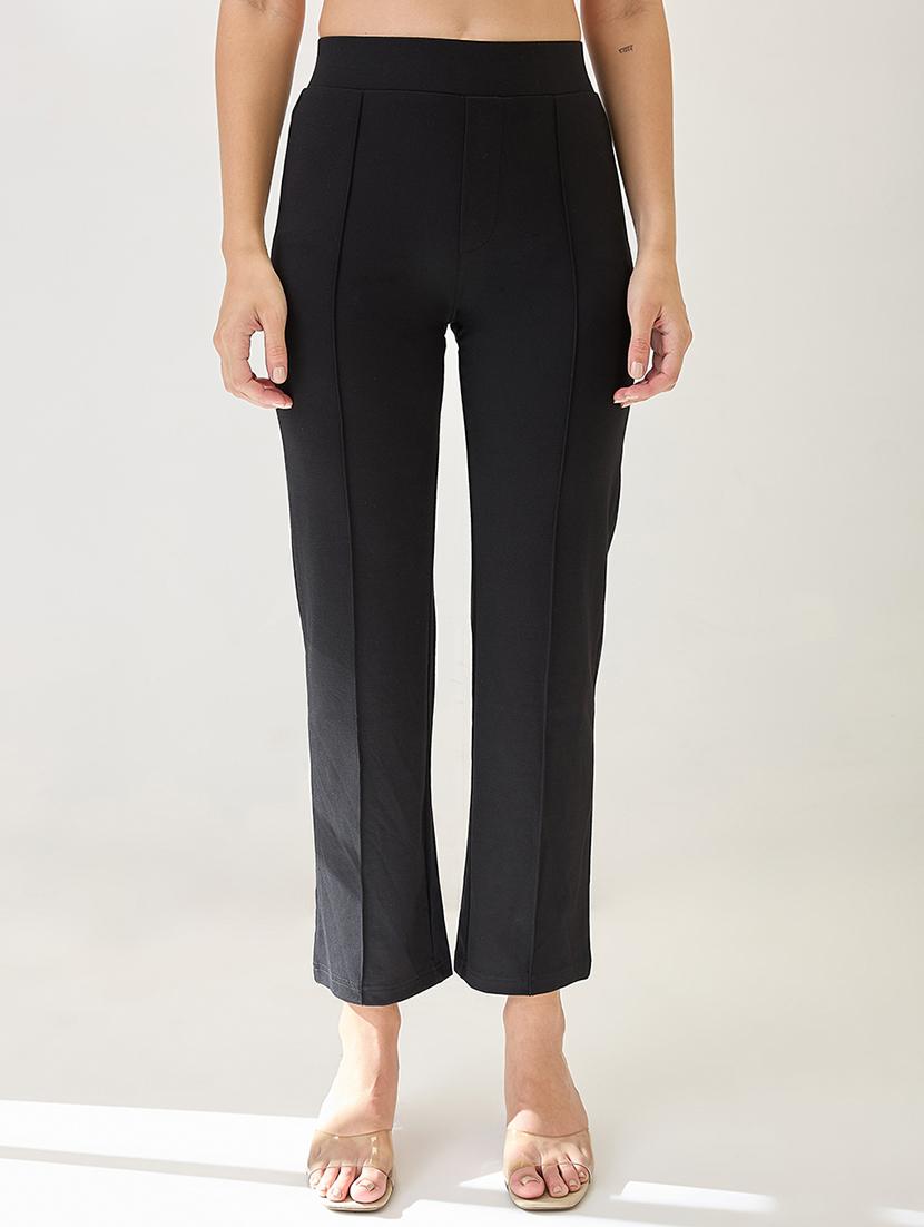 globus women black solid mid-rise flat front formal trousers - 21767505 -  Zoom Image - 0