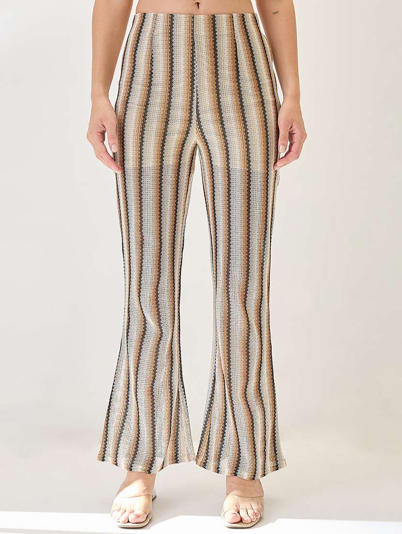globus women off white stripe crochet mid-rise flat front beachwear trouser