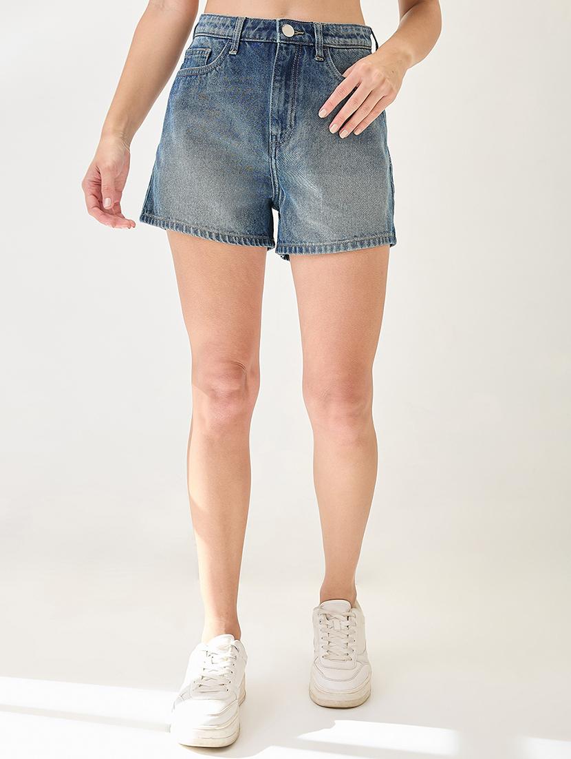 globus women med blue slim fit mid-rise above knee denim shorts - 21767513 - Zoom Image - 0