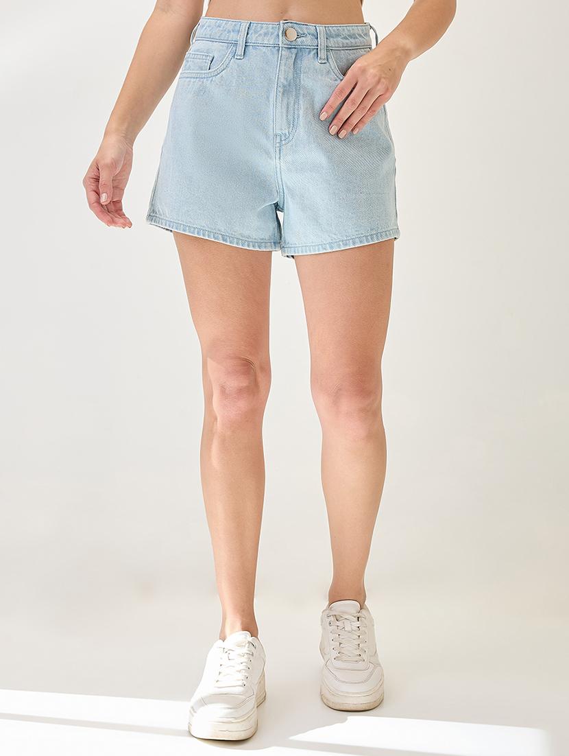 globus women light blue slim fit mid-rise above knee denim shorts - 21767515 -  Zoom Image - 0