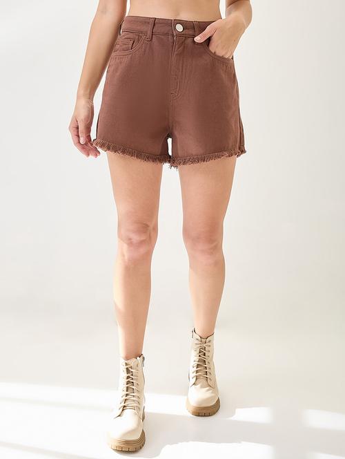 globus women mocha slim fit mid-rise frayed hem denim shorts - 21767518 -  Standard Image - 0