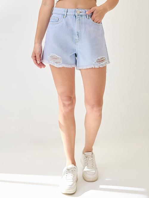 globus women light blue slim fit mid-rise distressed & frayed hem denim shorts - 21767519 - Standard Image - 0
