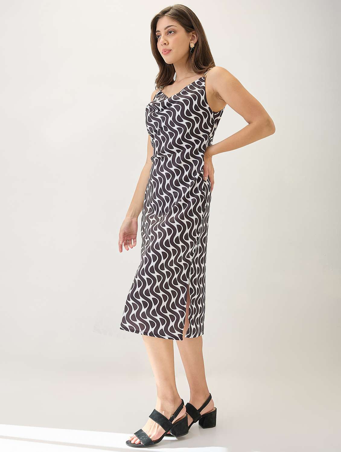 globus women black & white cowl neck metal shoulder straps side slits sheath midi party dress