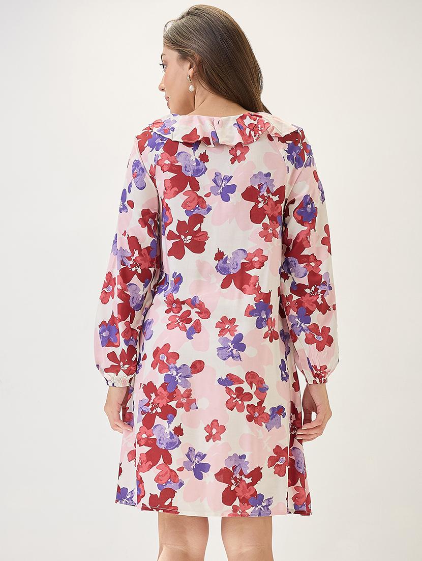 globus women white floral print ruffled v-neck bishop sleeves mini a-line workwear dress - 21767528 - Standard Image - 2