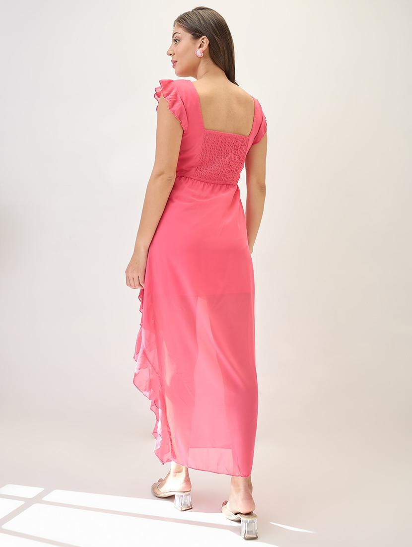 globus women pink square neck cap sleeves asymmetric ruffle hem maxi a-line dress - 21767530 - Standard Image - 2